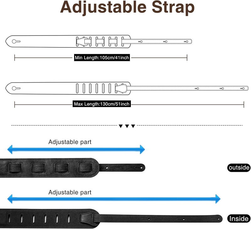 LEKATO Leathers Guitar Strap 2.5" Wide Padded Bass Strap Soft Comfortable with High Density Form Pad, Adjustable Length from 41" to 51" for Electric/Acoustic Guitar Bass,Black - Image 3